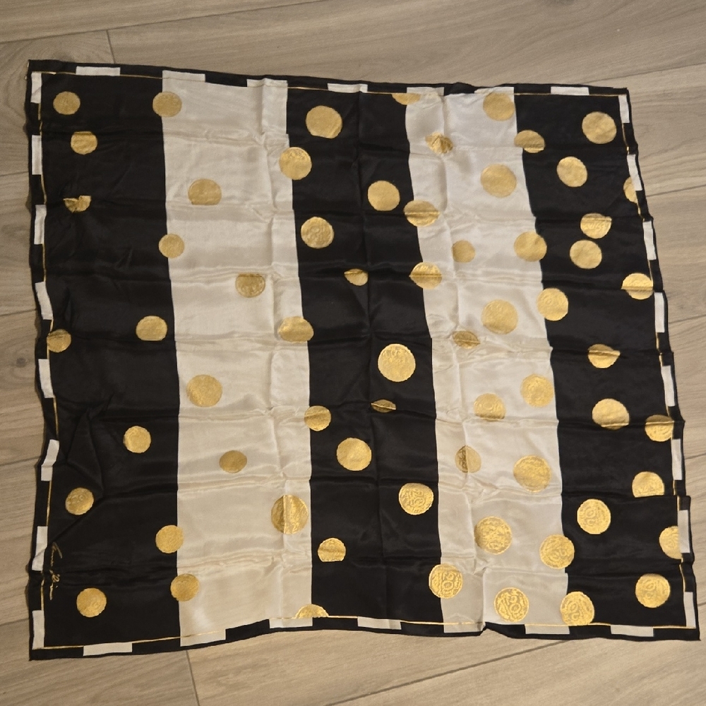 Anne Klein Black and White Silk Scarf with Gold Accents